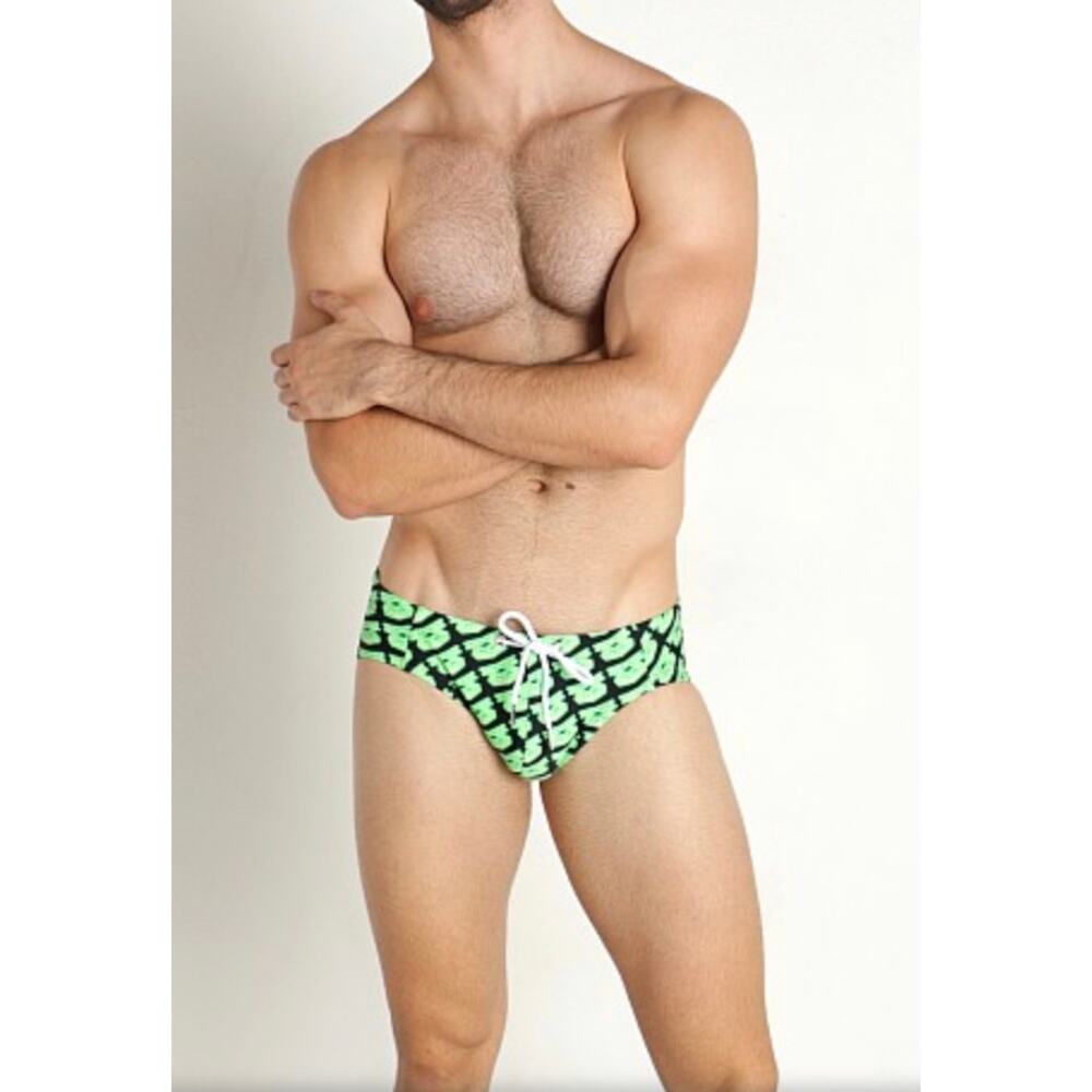 Men’s Swim Bikini Brief S Neon Green Black Print Speedo-Style Micro Trunk Kinky